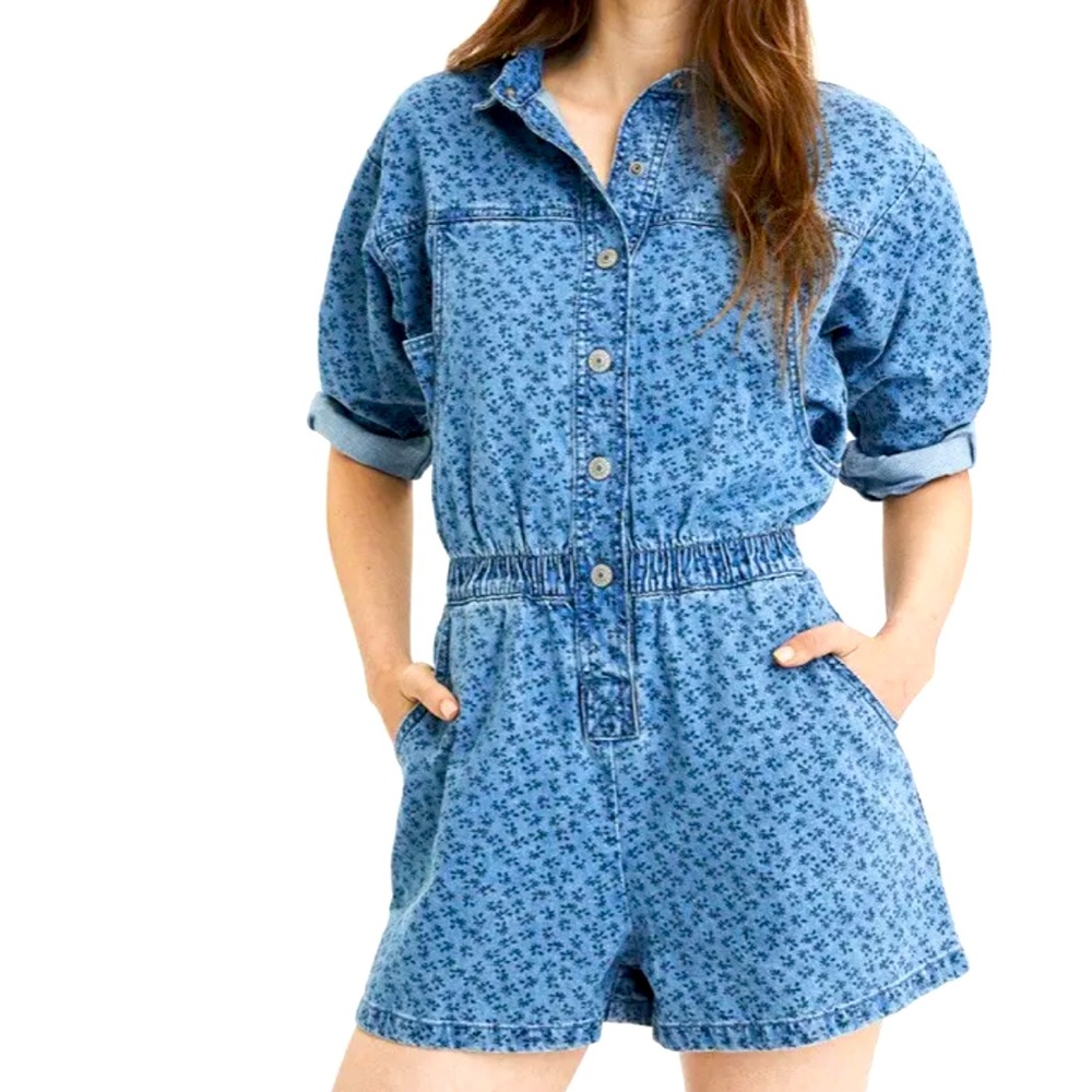 AEO American Eagle DENIM FLORAL ROMPER LARGE - Picture 2 of 5